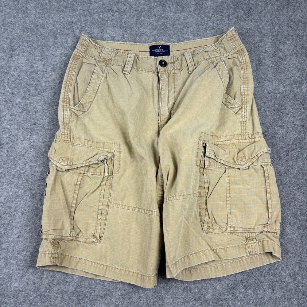 Y2K American Eagle Cargo Shorts Mens 31 Khaki Tan Ripstop Cotton Utility Pockets